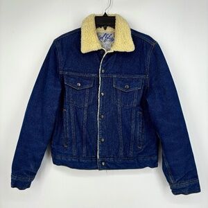 Cool Blues Vintage Size Medium Trucker Denim Jacket Blue Faux Sherpa Snap Front